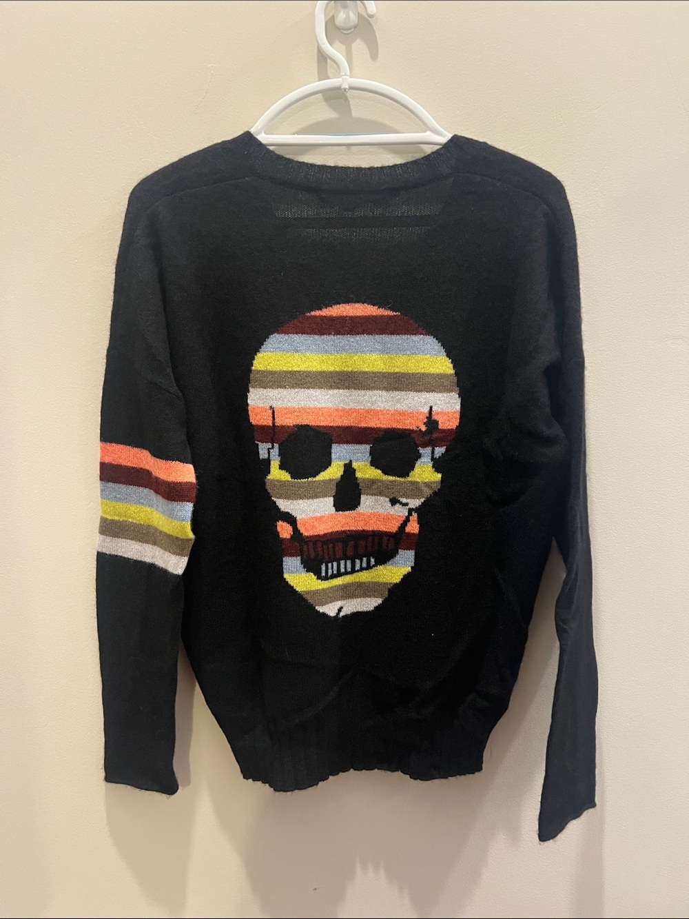 Skull Cashmere Black V-Neck Skull Sweater with Multicolor Stripe Detail